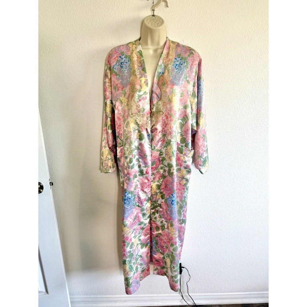 Victorias Secret Vintage Robe Gold Label Pastel Floral Satin Lace Full Length